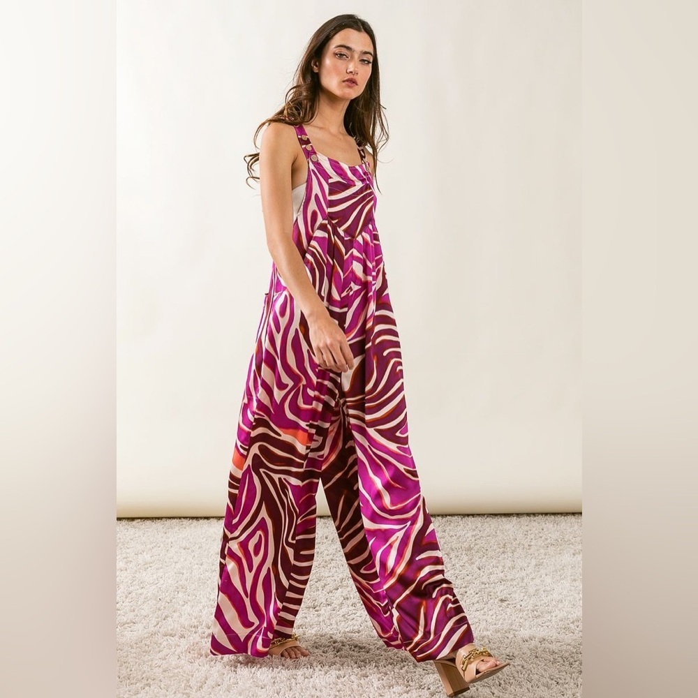 SATIN ZEBRA PRINT WIDE LEG JUMPSUIT BY BiBi. Bohemian style Overall - Picture 5 of 9